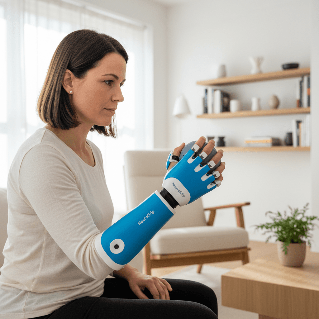 Stroke survivor using NeuroGrip independently at home