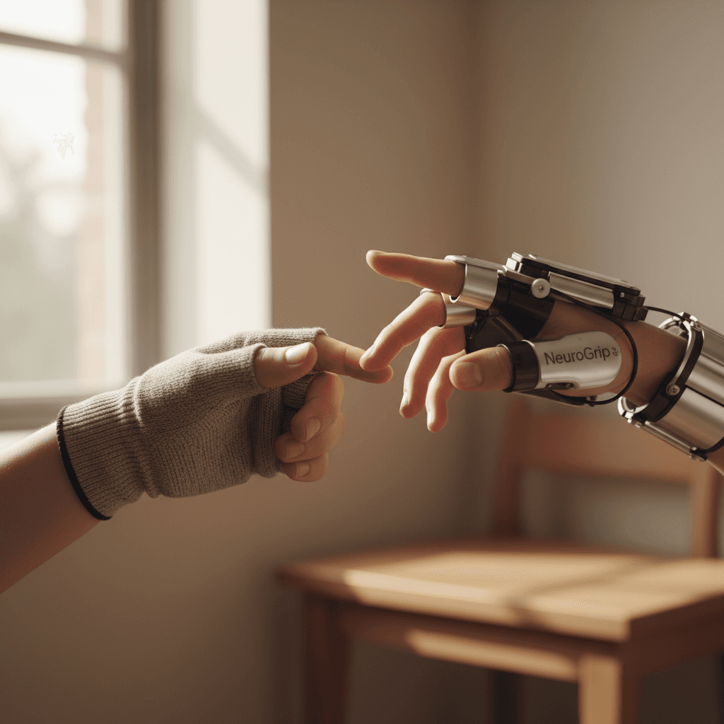 Hands demonstrating NeuroGrip exoskeleton during therapy