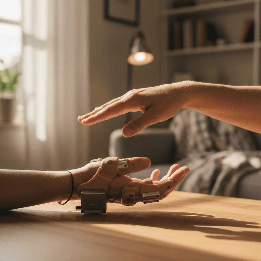 Stroke survivor using NeuroGrip exoskeleton for hand rehabilitation