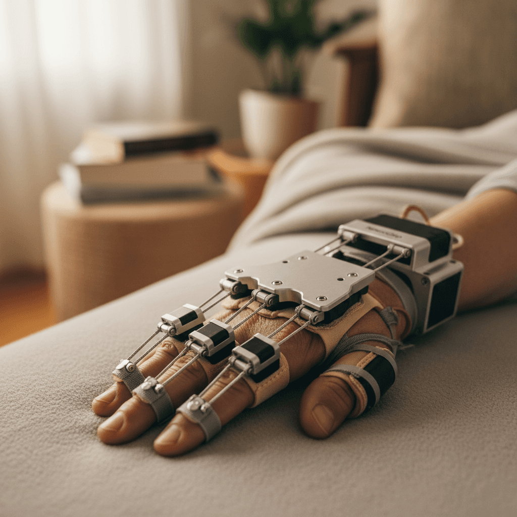 Close-up of NeuroGrip exoskeleton on user's hand